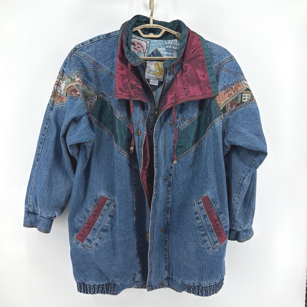 VINTAGE Current Seen Denim Bomber Jacket 1X Postcard Print Tapestry Mixed 90's
